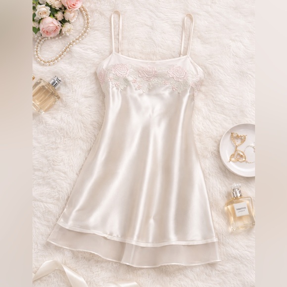 Intimo Amore Other - Intimo Amore Champagne Satin Slip Nightgown Floral Lace Trim XS Lingerie Soft
